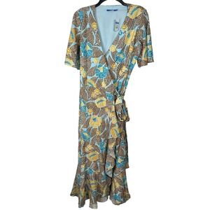NEW J McLaughlin Audette Wrap Dress Small Blue Brown Floral Blooms Ruffle Maxi